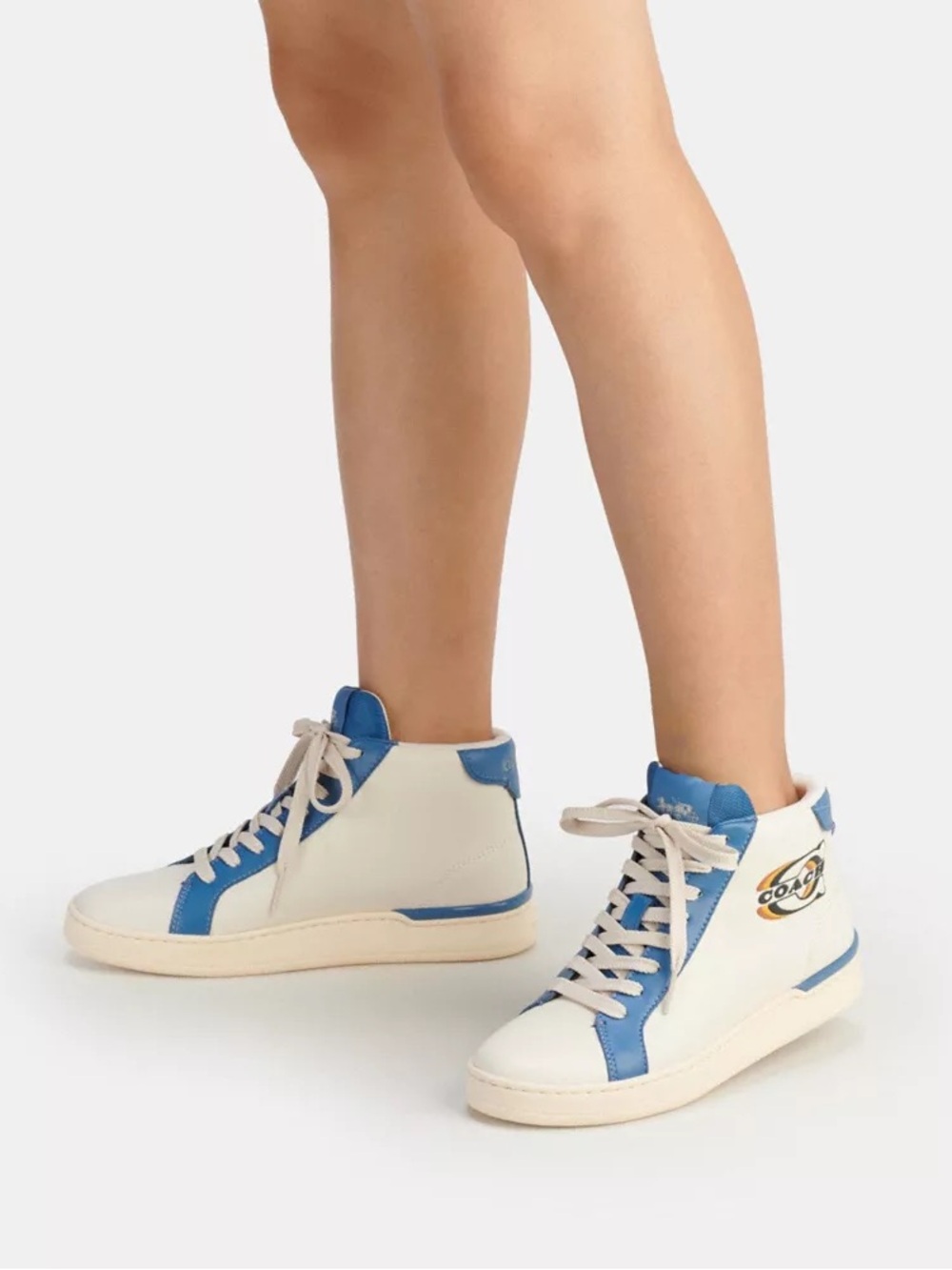 Coach Clip Leather High-Top Sneakers | Chalk & Sky Blue | Size 7